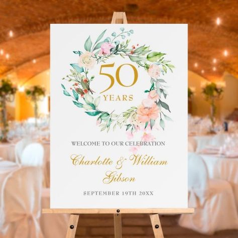 $44.20 | Floral Garland 50th Anniversary Welcome Sign #anniversary party, welcome sign, flower garland botanical, golden wedding anniversary celebration, 50th wedding anniversary, elegant floral watercolour greenery, vow renewal, 50 years renew vows, gold script, 50th anniversary welcome sign 50th Anniversary Welcome Sign, Enchanted Wedding Decor, Anniversary Welcome Sign, 50th Wedding Anniversary Decorations, 50th Wedding Anniversary Invitations, Welcome Board, Wedding Anniversary Celebration, Delicate Watercolor, Floral Greenery