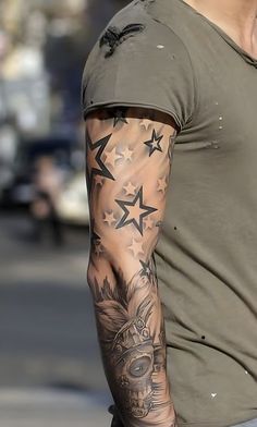 Star Tattoo Sleeve For Men, Star Tattoo Men Arm, Forearm Star Tattoo Men, Cloud Tattoo With Stars, Star Tattoo Arm Sleeve, Clouds Stars Tattoo, Cloud Stars Tattoo, Stars Arm Tattoo Sleeve, Men’s Star Tattoo