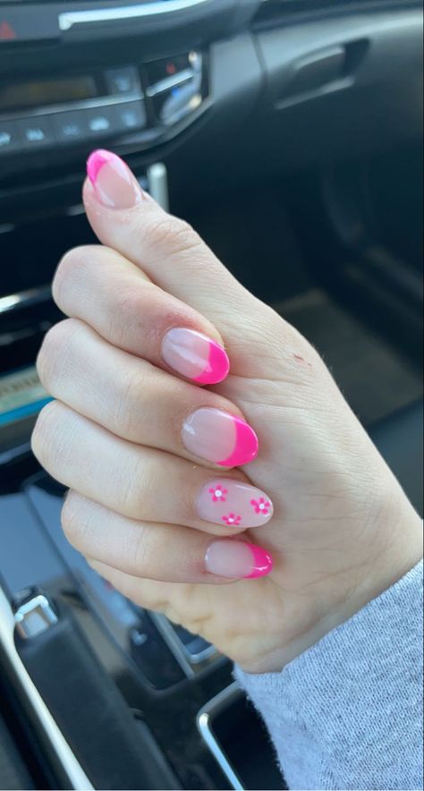 Hot Pink French Tips With Flowers, Almond Pink Nails Design, French Tip Nails With Flowers, Hot Pink French Tip Nails, Hot Pink French Tips, Hot Pink French Tip, First Day Of School Nails, Pink French Tip Nails, Nails With Flowers