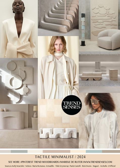 TACTILE MINIMALIST// 2024 – Trendsenses #mariekederuiter #mood #trend #moodboard #2024 #forecasting - Sources: Kelly Wearstler – Nehera – Maria Mcmanus -Armadillo – Tilde Grynnerup – Paolo Castelli – Rick Owens – Huguet – Archello – L’Officiel Trend Senses, Trend Moodboard, Fashion Trending Moodboard, Simple Complex, 2025 Trends, Trends 2025, Digital Fashion, Mood Board Inspiration, Kelly Wearstler