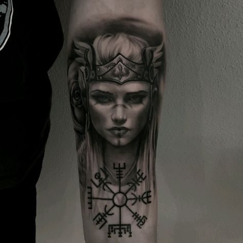 Done @ Venlig Hilsen, Aarhus, Denmark #forearm #forearmtattoo #realism #realistic #norse #norsemythology #valkyrie #blackandgrey #vegvisir #viking #rose Viking Tattoo Ideas, Widder Tattoo, Tattoo Ink Colors, Viking Warrior Tattoos, Small Wave Tattoo, Norse Mythology Tattoo, Valkyrie Tattoo, Viking Tattoo Sleeve, See Tattoo