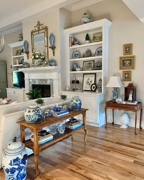 Shirley | Hello everyone! Been busy taking care of my hubby after his knee replacement surgery. This room has become the “recuperation room”.… | Instagram Country Interior Design, Classy Living Room, French Country Dining, Table Decor Living Room, French Country Living Room, Blue And White Vase, Blue White Decor, Wall Decor Design, White Decor