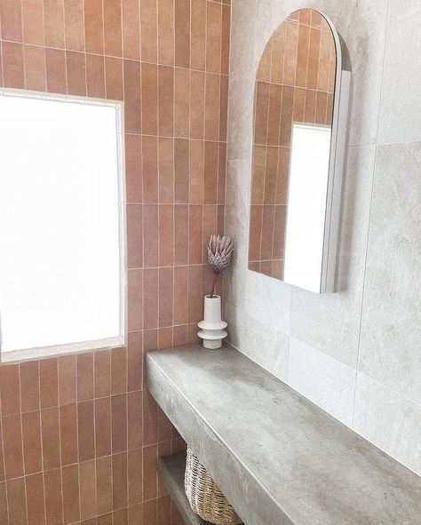 Stucco And Terracotta Interior, Terracotta White Bathroom, Concrete And Terracotta, Terracotta Tiles Bathroom Wall, Terracotta And Gold Bathroom, Terracotta And Grey Bathroom, Terracotta Shower Tile, Bathroom Terracotta Floor, Concrete Tile Bathroom