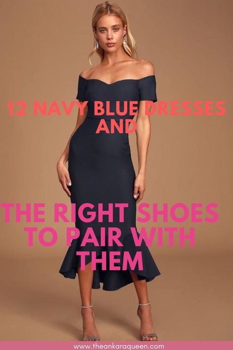 A young slim blonde model wears an off-shoulder short sleeve navy blue dress with solver heeled sandals. The dress is form-fitting and midi in length with a high-low hem. The model has one hand gently laying on one hip. Most Popular Wedding Colors, Navy Blue Dress Outfit, Blue Dress Outfit, Cocktail Party Attire, Navy Short Dress, Navy Blue Short Dress, Blue Dress Outfits, Cocktail Dress Outfit, Popular Wedding Colors