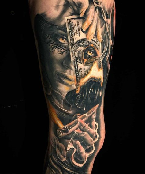 Burning Money Tattoo, Tattoo Sleeve Themes, Wolf Girl Tattoos, Burning Money, Cover Up Tattoos For Men, Venom Tattoo, Meaningful Tattoos For Men, Casino Tattoo, Cool Shoulder Tattoos