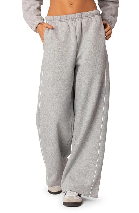 EDIKTED Autumn Cotton Blend Sweatpants | Nordstrom Fall Sweatpants, Low Waist Pants, Wide Leg Sweatpants, Sports Trousers, Grey Sweatpants, Foto Ideas Instagram, Leather Mini Skirts, White Trim, Fall Outfits Women