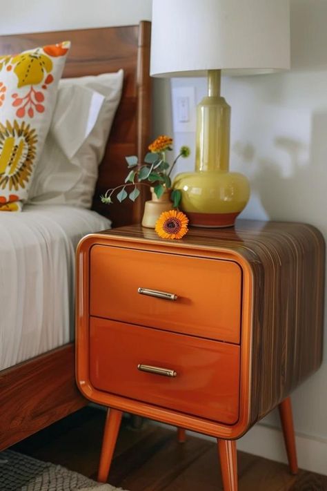 Mid-century Modern Nightstands: Bedroom Essentials Mustard Nightstand, Burnt Orange Nightstand, Funky Nightstands, Nightstand Orange, Nightstand Retro, Funky Nightstand, Vintage Eclectic Bedroom, Mid Century Night Stand, Nightstands Bedroom