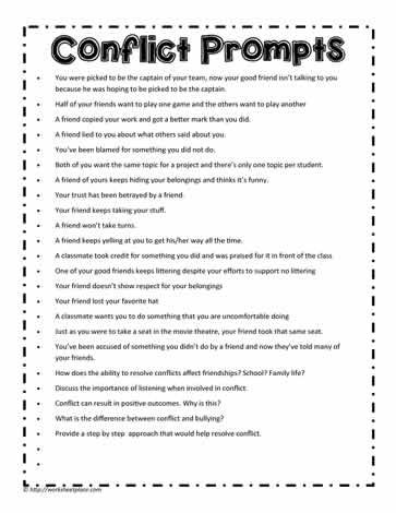 Conflict Writing Prompts Conflict Prompts, Conflict Writing, Conflict Resolution Activities, Worksheets For Middle School, Conflict Resolution Worksheet, Deep Conversation Starters, Deep Conversation, Social Skills For Kids, Middle School Lesson Plans