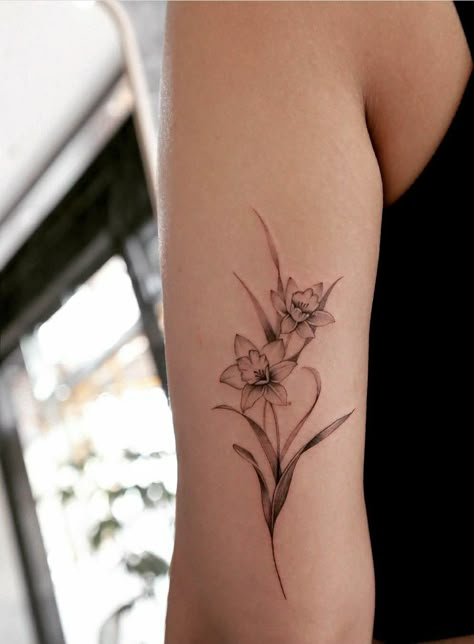 Daffodil Tattoo Realistic, Narcissus Line Tattoo, Daffodil Collar Bone Tattoo, Daffodil Bunch Tattoo, Daffodil Tattoo Bouquet, Daffodil Vine Tattoo, Single Line Daffodil Tattoo, Dafodill Flowers Tattoo Fine Line, Paperwhites Tattoo