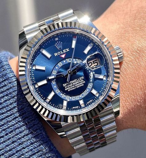 Rolex World on Instagram: "The Sky Dweller featuring a blue dial and a Jubilee bracelet. • Credit: @kuro_r32 • #rolexworld #rolexskydweller #skydweller #watchessentials #wristgame #wristshot #wristi #watchonmywrist #rolexwrist #orologio #orologiouomo #luxurywatches #watchesofinsta #watchphotography #swissmadewatch #watchmania #watchcollecting #watchfam #instawatches #wristi #wristcheck #watchpassion #rolexwatch #watches #luxury #rolex" Rolex Skydweller Blue, Rolex Sky Dweller Blue, Rolex Sky Dweller, Rolex Blue, Scott Evans, Sky Dweller, Wear Watch, Rolex Watches For Men, Swiss Made Watches