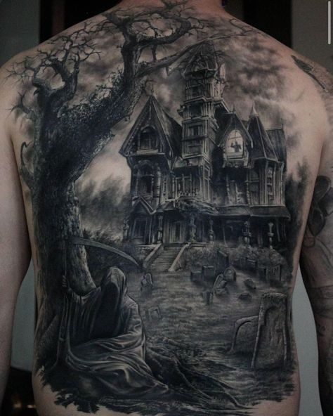 Graveyard Back Tattoo, Haunted House Back Tattoo, Creepy Forest Tattoo, Horror Back Tattoo, Gates Of Hell Tattoo, Shared Tattoos, Haunted House Tattoo, Coverup Ideas, Graveyard Tattoo