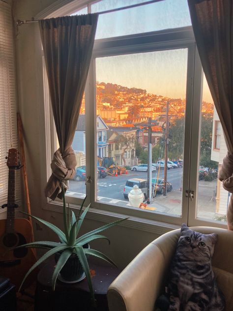 Guitar, succulent, golden hour, San Francisco view San Francisco House Interior, Small San Francisco Apartment, Apartment In San Francisco, San Francisco Home Interior, Sf Apartment Aesthetic, San Francisco Apartment Aesthetic, San Francisco Houses Interior, San Francisco Homes, Cottage Grandma