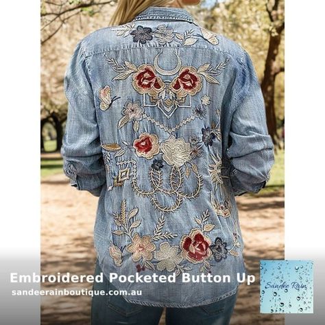 😍 Embroidered Pocketed Button Up Denim Shirt 😍 by Sandee Rain Boutique starting at $192.00 * Features: Embroidered * Stretch: No stretch * Material composition: 100% polyester * Care instructions: Machine wash cold. Tumble dry low. * Imported * Product measurements: S:Top Length 28.74 in, Sleeve Length 13.78 in, Bust 39.76 in M:Top Length 29.13 in, Sleeve Length 14.17 in, Bust 41.73 in L:Top Length 29.53 in, Sleeve Length 14.57 in, Bust 43.70 in XL:Top Length 29.92 in, Sleeve Le... Goth Unicorn, Embroidered Denim Shirt, Unicorn Fashion, Denim Shirts, Graphic Tops, Poncho Sweater, Embroidered Jeans, Embroidered Denim, Rock Roll