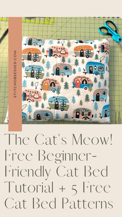 Free DIY Cat Bed Tutorial + 5 Free Cat Bed Patterns Cat Bed Patterns Free, Flannel Cat Bed, How To Sew A Cat Bed, Diy Covered Cat Bed, Cat Bed Pattern Sewing, Diy Cat Beds Ideas, Diy Cat Beds, Diy Cat Bed Ideas, Cat Bed Diy