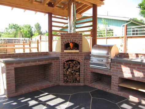 Outdoor Kitchen with Wood-Fired Oven and Grill - Firespeaking Red Brick Bbq Area, Wood Burning Outdoor Kitchen, Brick Built Bbq And Pizza Oven, Brick Outside Kitchen, Outdoor Kitchen Red Brick, Outdoor Kitchen Brick And Stone, Brick Grill Outdoor Diy, Corner Pizza Oven Outdoor, Outdoor Brick Grill