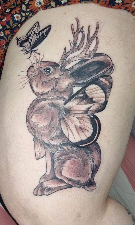 Lovely winged Jackalope thigh piece. Jackalope Skull Tattoo, Enchanted Forest Tattoo, Tattoos Placement Ideas, Jackalope Art, Jackalope Tattoo, Mandala Hip Tattoo, Hip Tattoos For Women, Traditional Style Tattoos, Rose Tattoo On Hip