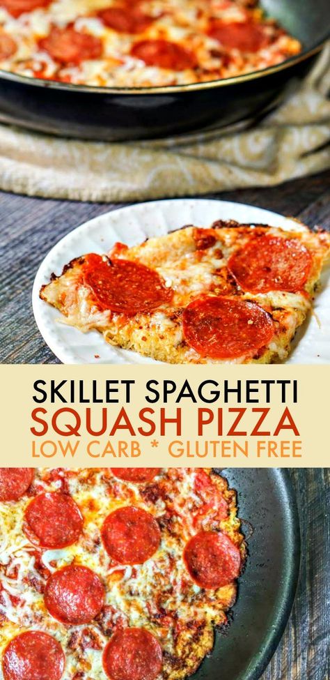 If you ever had spaghetti pizza, you will love this low carb version. Skillet spaghetti squash pizza is a low carb and gluten free answer to your pasta and pizza cravings. The recipe makes 8 big servings as only 4.4g net carbs! #lowcarb #spaghettisquash #lowcarbpizza #glutenfree #pizza #skilletspaghetti #skilletpizza #lowcarbdiet Low Carb Volume Eating, Skillet Spaghetti, Low Carb Spaghetti Squash, Pizza Skillet, Spaghetti Squash Pizza, Spaghetti Squash Recipes Easy, Spaghetti Pizza, Low Carb Spaghetti, Squash Pizza