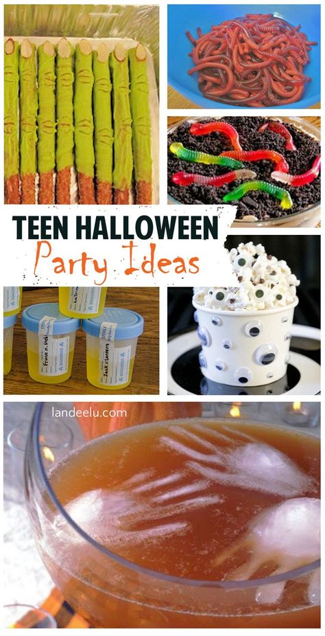 Teen Halloween Party Ideas | Games, Themes, Printables, Recipes and Tutorials - Great for TWEENS too!  landeelu.com Teen Halloween Party Ideas, Halloween Fingerfood, Teen Halloween Party, Menu Halloween, Food Ideas For Kids, Halloween Party Food Ideas, Halloween Donuts, Halloween Party Food, Teen Halloween