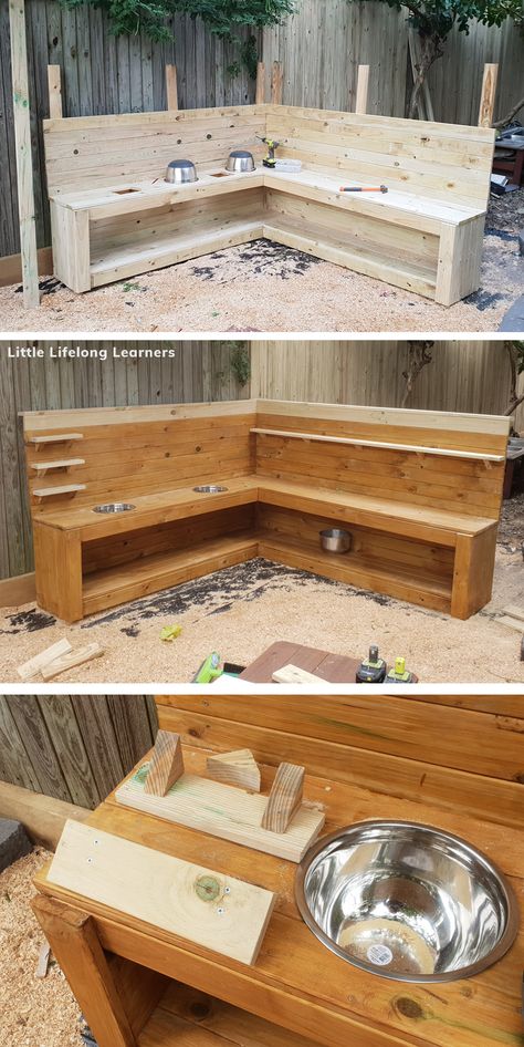 Our DIY Mud Kitchen - Little Lifelong Learners Dirt Kitchen Ideas, Mud Kitchen Set Up Ideas, Small Mud Kitchen, Mudkitchen Outdoor Diy, Mud Kitchen Working Sink, Easy Diy Mud Kitchen Outdoor Play, Outdoor Mud Kitchen, Palette Mud Kitchen, Palette Mud Kitchen Diy