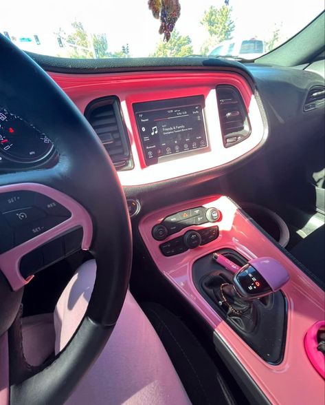 Girly Dodge Charger, Dodge Challenger Pink Interior, Dodge Charger Girly Interior, Pink Dodge Charger Interior, Dodge Charger Interior Ideas, Black Car Pink Accents, Dodge Charger Mods, Dodge Charger Accessories, Dodge Charger Interior