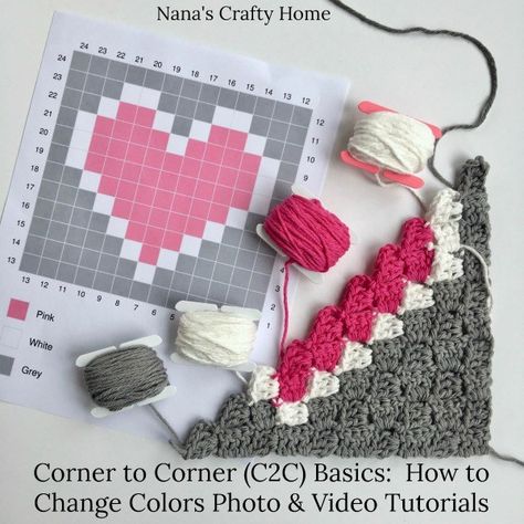 Corner to Corner (C2C) Basics:  How to Change Colors Photo & Video Tutorial Heart Dishcloth, Crochet C2c Pattern, Corner To Corner Crochet, Mode Crochet, Kampot, Corner To Corner, Dishcloth Pattern, C2c Crochet, Crochet Things