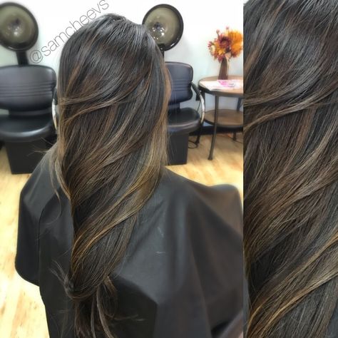 2017 fall winter styles / jet black hair with chocolate caramel honey highlights for dark hair types / Asian Hispanic ethnic African American Caucasian Indian hair types Black Hair With Lowlights, Highlights For Dark Hair, Ethnic Rhinoplasty, Black Hair Types, Honey Highlights, Hair Foils, Black Hair Balayage, Jet Black Hair, Long Face Hairstyles