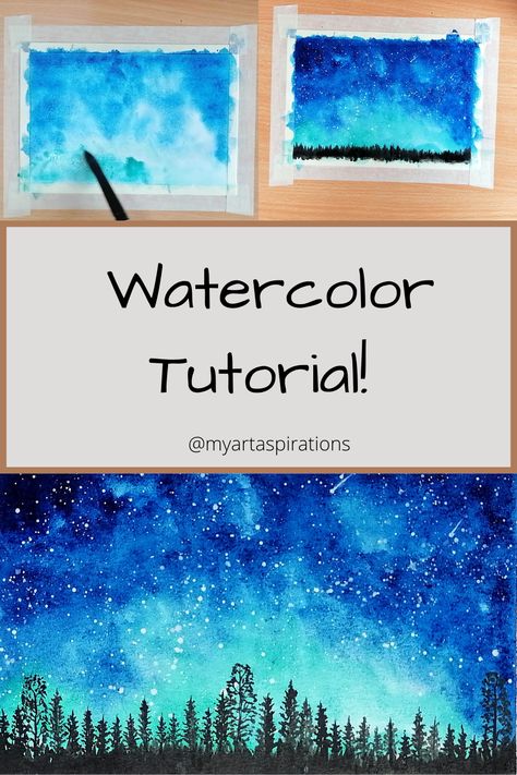 How To Paint Starry Night Watercolor, How To Draw A Starry Night Sky, Watercolour Night Sky Tutorial, Watercolor Glow Effect, Watercolour Starry Night, Watercolour Northern Lights Tutorial, Night Sky Watercolor Tutorial, Night Sky Watercolor Paintings Easy, Watercolor Northern Lights Tutorial