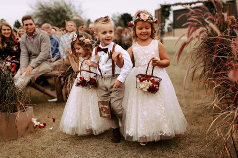 Fall Wedding Ring, Fall Wedding Flower Girl, Fall Flower Girl Dresses, Fall Flower Girl, Ring Bearer Ideas, Maroon Bridesmaid, Ring Bearer Outfits, Maroon Bridesmaid Dresses, Boho Wedding Ring