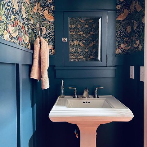 Bold Powder Room, Colorful Powder Room, Balance Design, Small Toilet, Strawberry Thief, Downstairs Bathroom, Teal And Pink, Monte Carlo, Powder Room