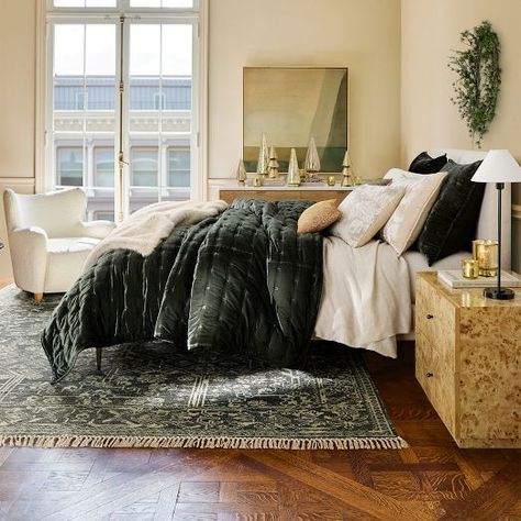 Velvet All Bedding | West Elm Velvet Quilted Bedding, Moody Bedding Sets, Velvet Comforter Bedroom, Dark Bedding Bedroom, Green Velvet Bedding, Bedroom Comforter Ideas, Forest Green Bedding, Green Comforter Bedroom, Broadway Bedroom