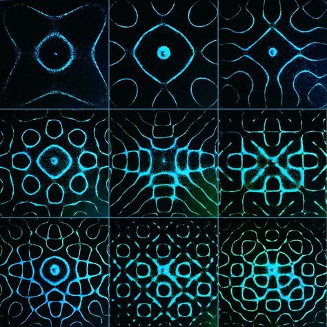 Why “Cymatics”? What does it mean? Cymatics can be described as the process of visualizing sound waves by vibrating a medium. All sounds we hear are waves, typically in air, that vibrate your eardrums, which in turn create electrical signals to send to your brain to interpret. These waves are only invisible to our eyes […] Cymatic Art, Vibrating Plate, Jewish Kabbalah, Sacred Geometry Patterns, Sound Frequencies, Sound Studio, Spiritual Transformation, Geometry Pattern, Sacred Symbols