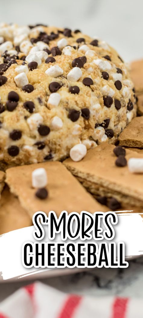 S'mores are always a treat and this cheese ball is packed with s'mores flavors! Make it for your next party! Smores Balls, Smores Cheeseball, Dessert Cheeseball, Dessert Balls, Dessert Cheese Ball, Smores Cookie, Baked Dips, Cream Cheese Ball, Ball Recipes