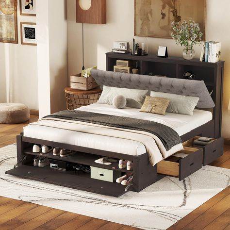 Full Platform Bed With Storage, Queen Bed Design Ideas, Queen Bed Frame Storage, Low Frame Bed, Queen Beds For Small Rooms, Queen Bedroom Ideas, Extremely Small Bedroom Ideas, Bed Base With Storage, Queen Size Bed With Storage