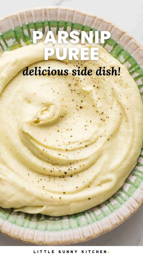 Parsnip Puree is a creamy, sweet, and nutty side dish that goes well with everything! Similar to mashed potatoes, but with an extra, sophisticated flavor kick. Parsnip Puree Recipe, Traditional Mashed Potatoes Recipe, Fall Side Dish Recipes, Parsnip Recipes, Puree Recipes, Parsnip Puree, Autumn Side Dishes, 21 Day Fix Meals, Roast Pork