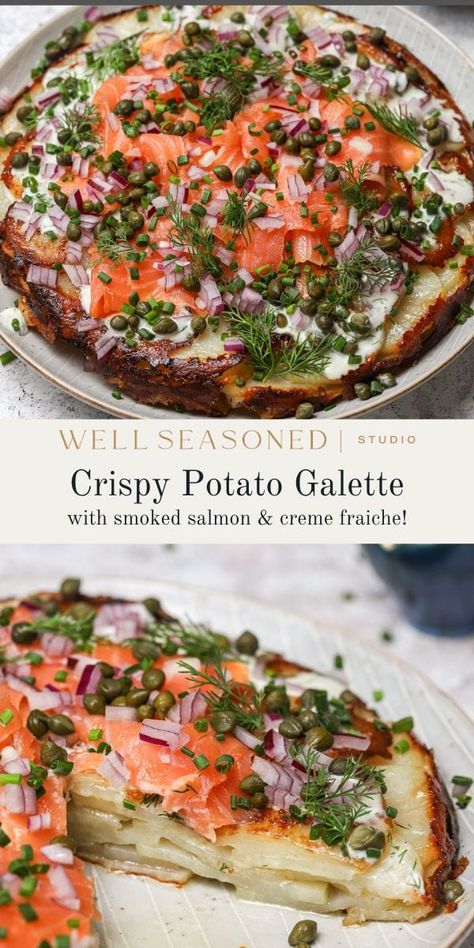 Smoked Salmon Galette, Smoked Salmon Tart, Side Dish With Salmon, Salmon Main Course, Salmon Leftovers, Sicilian Kitchen, Salmon And Potatoes, Potato Salmon, Creme Fraiche Sauce