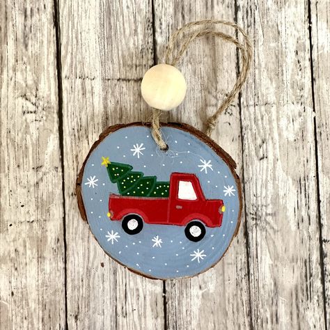 Excited to share this item from my #etsy shop: Hand Painted Red Truck Christmas Ornament, Hand Painted Car Wood Slice Ornament, Rustic Farmhouse Decor Red Truck Ornament Diy, Christmas Ornament Paintings, Ornament Painting Ideas Easy, Wood Ornament Painting Ideas, Ornament Contest, Wood Slice Ornament Ideas, Hand Painted Wood Ornaments, Wood Paintings, Red Truck Christmas