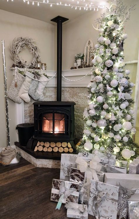 Wood Stove Decorating Ideas, Corner Mantle Christmas Decor, Wood Stove Christmas Decor, Pellet Stove Mantle, Pellet Stove Ideas Living Rooms, Corner Mantle, Pellet Stove Hearth, Corner Wood Stove, Corner Stove