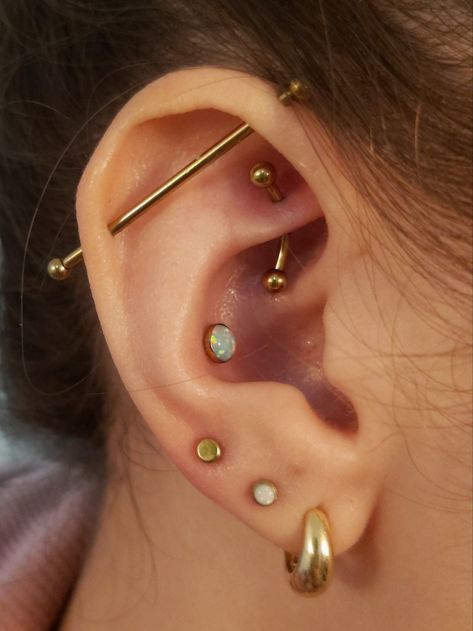 Industrial, rook, conch, second lobe and third lobe piercings. Conch And Industrial Piercing, Ear Aesthetic, Lobe Piercings, Pretty Ear Piercings, Industrial Piercing, Lobe Piercing, Conch, Piercing Jewelry, Ear Piercings