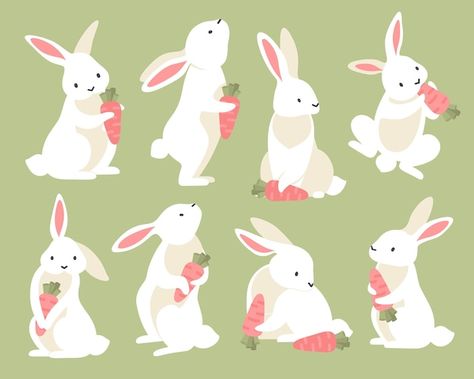 Free vector cute rabbits with carrot in ... | Free Vector #Freepik #freevector #bunny #cute-rabbit #easter-design #easter-bunny Easter Bunny Illustration, Bunny Illustrations, Cute Rabbits, Light Green Background, Rabbit Easter, Different Poses, Animal Graphic, Fuller Hair, Rabbit Cartoon