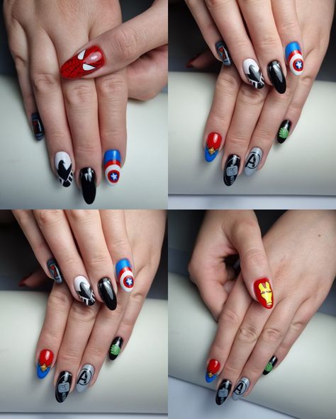 Black panther black widow capitan america Avengers Acrylic Nails, Disney Marvel Nails, Iron Man Nail Art, Marvel Avengers Nails, Super Hero Nails Designs, Iron Man Nails Designs, Marvel Nails Designs Easy, Marvel Nails Designs The Avengers, Superhero Nails Marvel