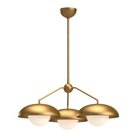 Mix a little bit of mid-century with a dash of eclectic modern flair. That's our Rubio collection. With oversized half-shades draped above stunning Opal Matte glass globes, Rubio captivates with its minimal yet artistic elements. - Rubio Aged Gold Three-Light Chandelier with Opal Glass - Product Wire Length: 60-Inch - Product Rod Length: 46-Inch Max (Three 12-Inch, One 6-Inch, One 4-Inch) - Product Canopy Dimensions: 4.62 x 2.37 Inches - Recommended Lamp type: A19 - Product Minimum Hang Height: Transitional Dining Room, Transitional Dining, Artistic Elements, Deco Luminaire, Dimensional Wall, Eclectic Modern, 3 Light Chandelier, Glass Globes, Gold Chandelier