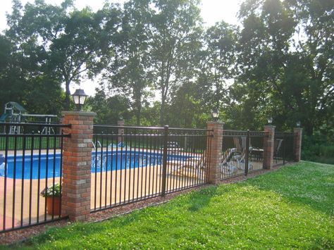 brick and wrought iron pool fencing Iron Pool Fence, Wrought Iron Pool Fence, Pool Fence Ideas, Fence Around Pool, Aluminum Pool Fence, Brick Pillars, Pool Fencing, Brick Columns, Living Fence