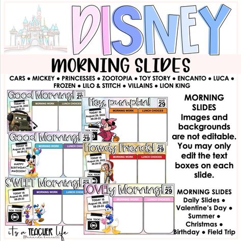 Google Slides, Morning Slides Disney Classroom Theme Day, Disney Classroom Rules, Epcot Classroom Theme, Disney Pastel Classroom, Subtle Disney Classroom, Disney Classroom Theme Middle School, Disney Day Classroom, Disney Theme Classroom Ideas, Disney School Theme