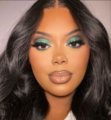 Makeup Looks For An Emerald Green Dress, Green Makeup Ideas For Black Women, Green Eye Looks Black Women, Emerald Green Soft Glam, Hunter Green Makeup Looks Black Women, Emerald Green Makeup Looks For Prom Black, Green Soft Glam Makeup Black Women, Green And Brown Makeup Looks Black Women, Dark Green Eye Makeup Black Women