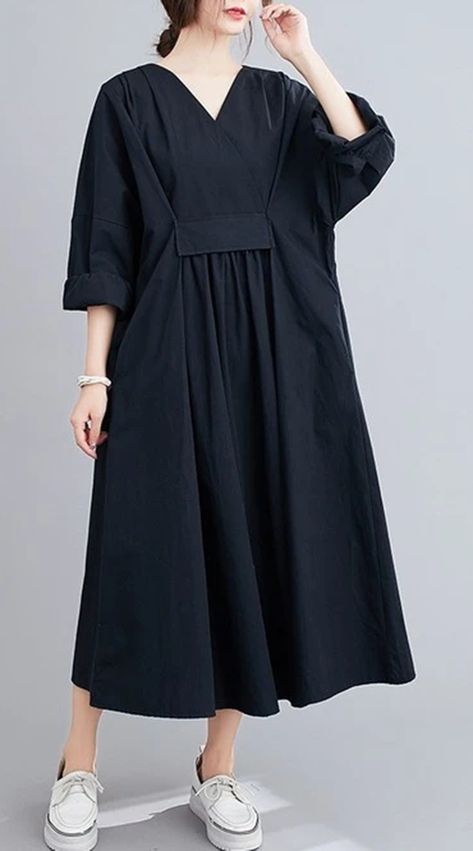 omychic plus size black cotton vintage for women casual loose spring autumn dress Loose Dress Outfit, Loose Black Dress, Corak Menjahit, Moslem Fashion, Muslim Outfits Casual, Fall Dress Outfit, Muslim Fashion Dress, Leisure Fashion, Muslimah Fashion Outfits