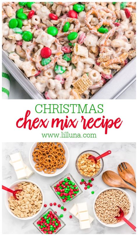 Almond bark-coated Christmas Chex Mix is made in minutes, completely customizable, and perfect for sharing during the holidays. #christmaschexmix #chexmix #christmas #snackmix Chex Mix Recipes Christmas, Christmas Chex Mix, Chex Mix Recipes Sweet, White Chocolate Chex Mix, Chocolate Chex Mix, Holiday Recipes Christmas Desserts, Snacks Christmas, Sweet Chex Mix, Chex Mix Christmas