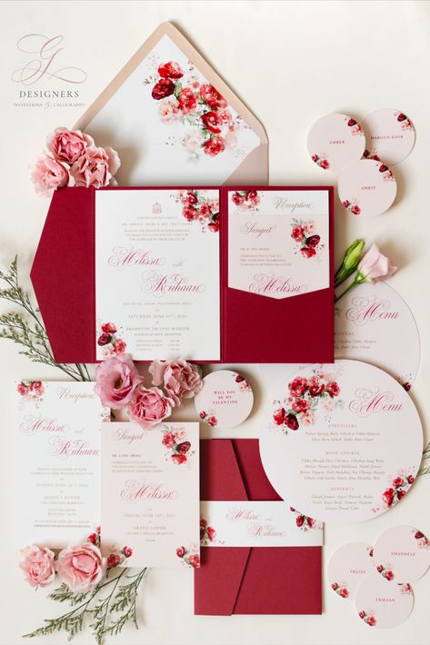 Embrace the spirit of romance and eternal love with our exquisite new wedding invitation design on Valentine's day. Happy Valentine's day! An elegant and romantic red and pink Hindu wedding invitation suite in pocket-fold style for Melissa and Ruhaan, paired with matching wedding menus and place cards. Please email us at info@gdesigners.ca for more info. #pocketfoldinvitation #indianweddinginvitations #indianweddingcards #weddinginvitationscard #sikhweddinginvitation #hinduweddinginvitation Red And Pink Wedding Invitations, Pink And Red Wedding Invitations, Valentines Theme Wedding, Pink And Red Wedding Theme, Red Wedding Card, Red Invitation Card, Sikh Wedding Invitation, Red Invitation, Hindu Wedding Invitation Cards