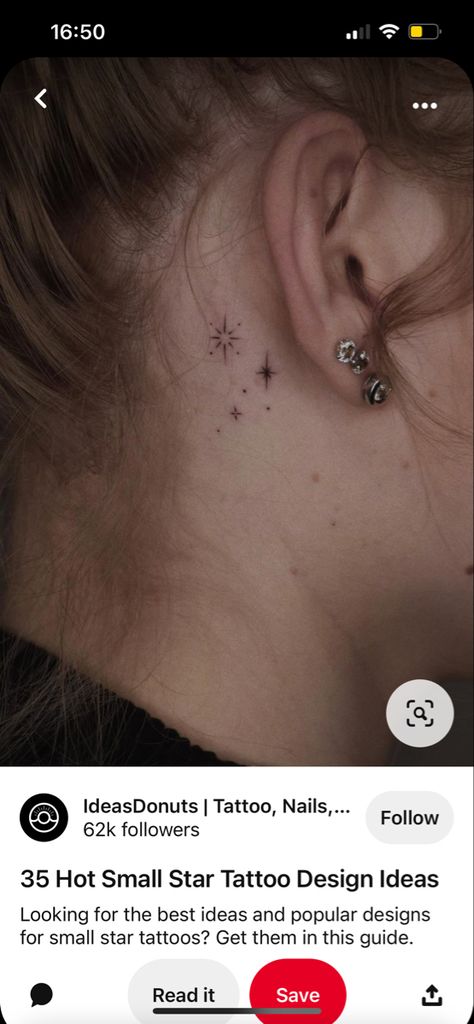 Peter Pan Star Tattoo Behind Ear, Leo Constellation Tattoo Behind Ear, Three Stars Behind Ear Tattoo, Tiny Star Tattoo Behind Ear, Aries Constalation Tatoos, Constellation Ear Tattoo, Behind The Ear Star Tattoo, Stars Tattoo Behind Ear, Leo Tattoo Behind Ear