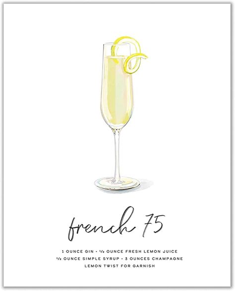 French 75 Drink, Cocktail Recipe Cards, Paper Plane Cocktail, French 75 Recipe, Cocktails Drawing, French 75 Cocktail, Alcohol Poster, Cocktail Wall Art, Illustrated Recipe