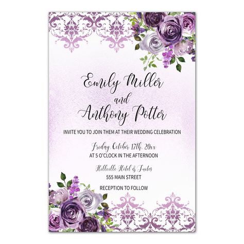 PRICES MAY VARY. 100 invitation printed in 14pt card stock gloss - Size 4.25 x 5.5 inches White envelopes included Party invitations ideal for engagement and wedding events. Plum Wedding Invitations, Mermaid Baby Shower Invitations, Lavender Wedding Invitations, Plum Wedding, Purple Wedding Invitations, Purple Wedding Flowers, Wedding Invitations Romantic, Printing Wedding Invitations, Flower Wedding Invitation